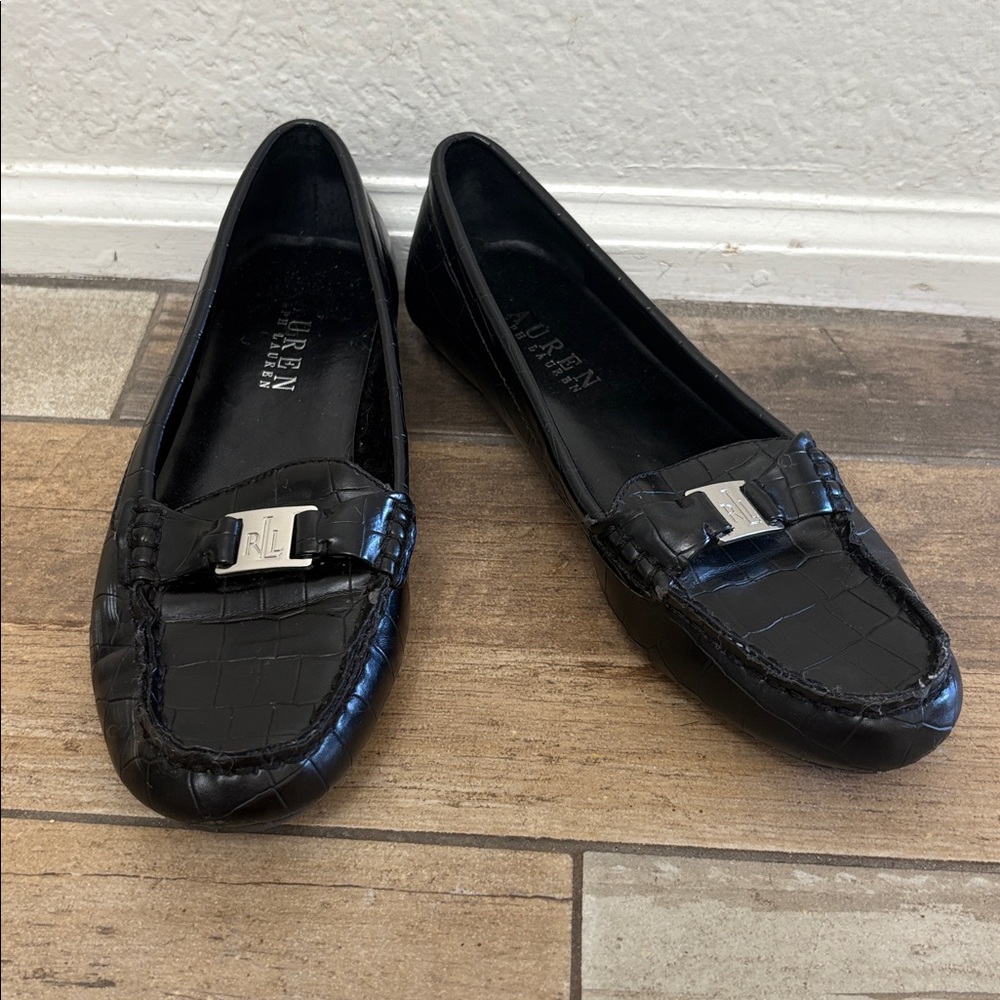 Ralph Lauren Black Embossed Loafers with Silver Detail